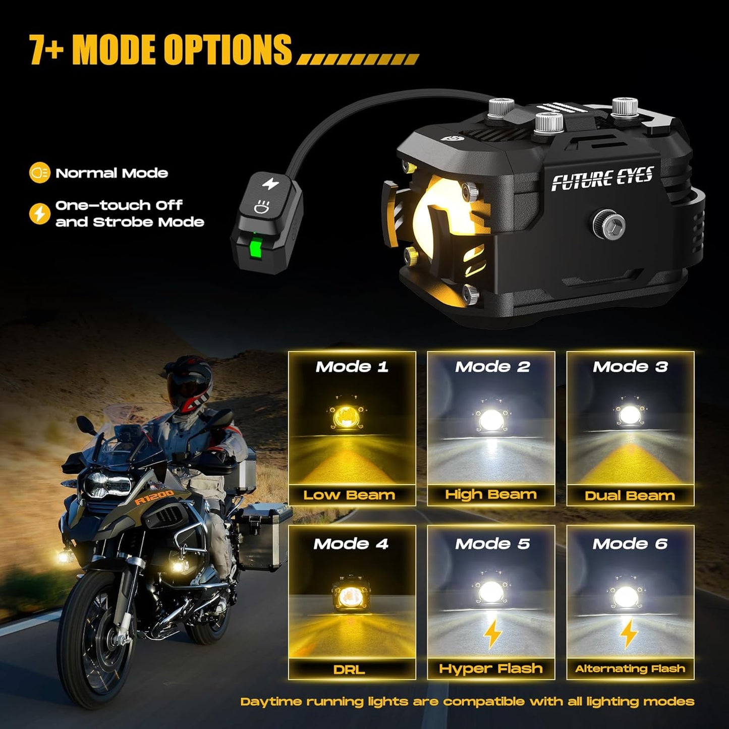LED Motorcycle Fog Lights, 60W Auxiliary Driving Lights, High/Low Beam, Amber/White, Day Running Lights