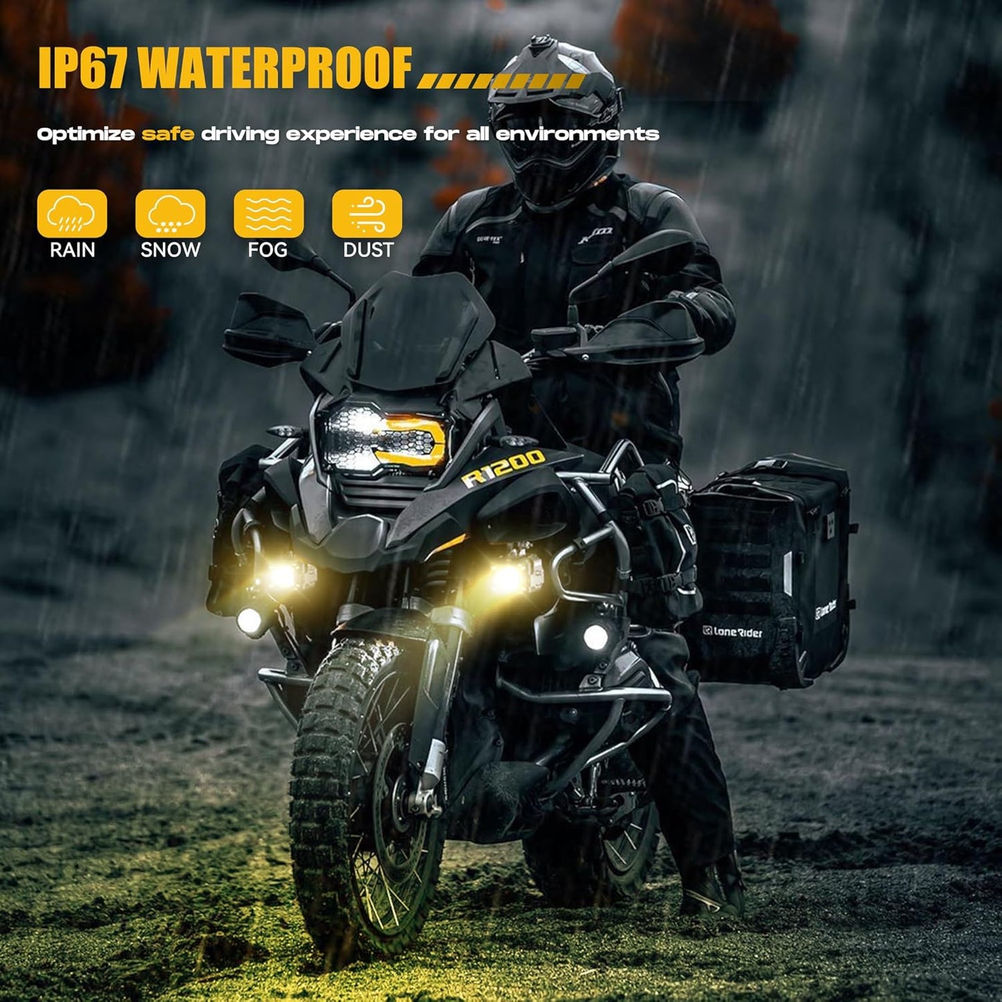 LED Motorcycle Fog Lights, 60W Auxiliary Driving Lights, High/Low Beam, Amber/White, Day Running Lights