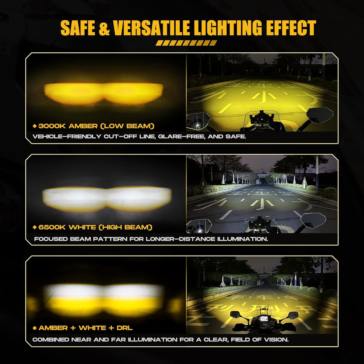 LED Motorcycle Fog Lights, 60W Auxiliary Driving Lights, High/Low Beam, Amber/White, Day Running Lights
