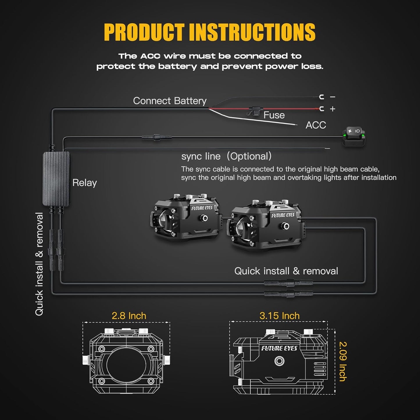 LED Motorcycle Fog Lights, 60W Auxiliary Driving Lights, High/Low Beam, Amber/White, Day Running Lights