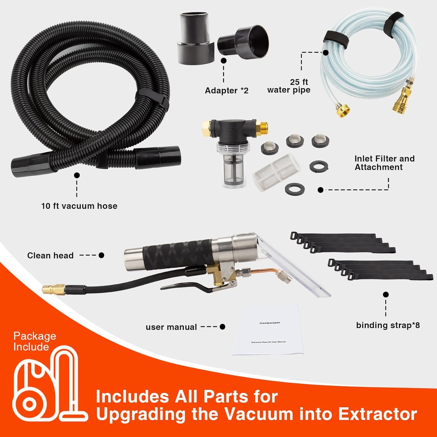 Extractor Hose Kit for ShopVac, with Attachments, Transforms Vacuum into a Professional-grade Extractor