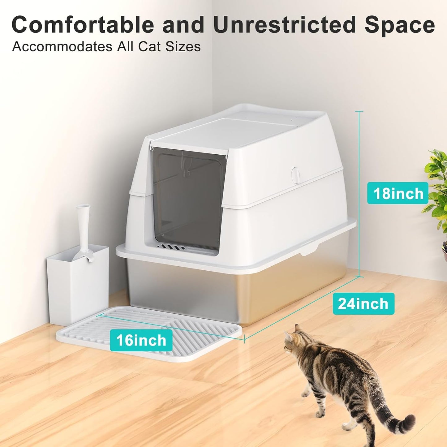 XL Stainless Steel Metal Cat Litter Box for Big Cats, Enclosed, Easy to Scoop, with Litter Scoop Set