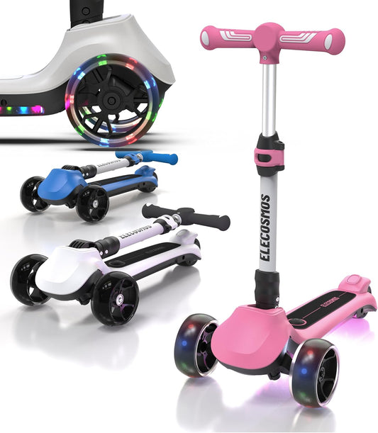 Kids Electric Scooter for Age 4-9, 3 large LED Light-Up Wheels, Wide Flashing Deck, Adjustable Height