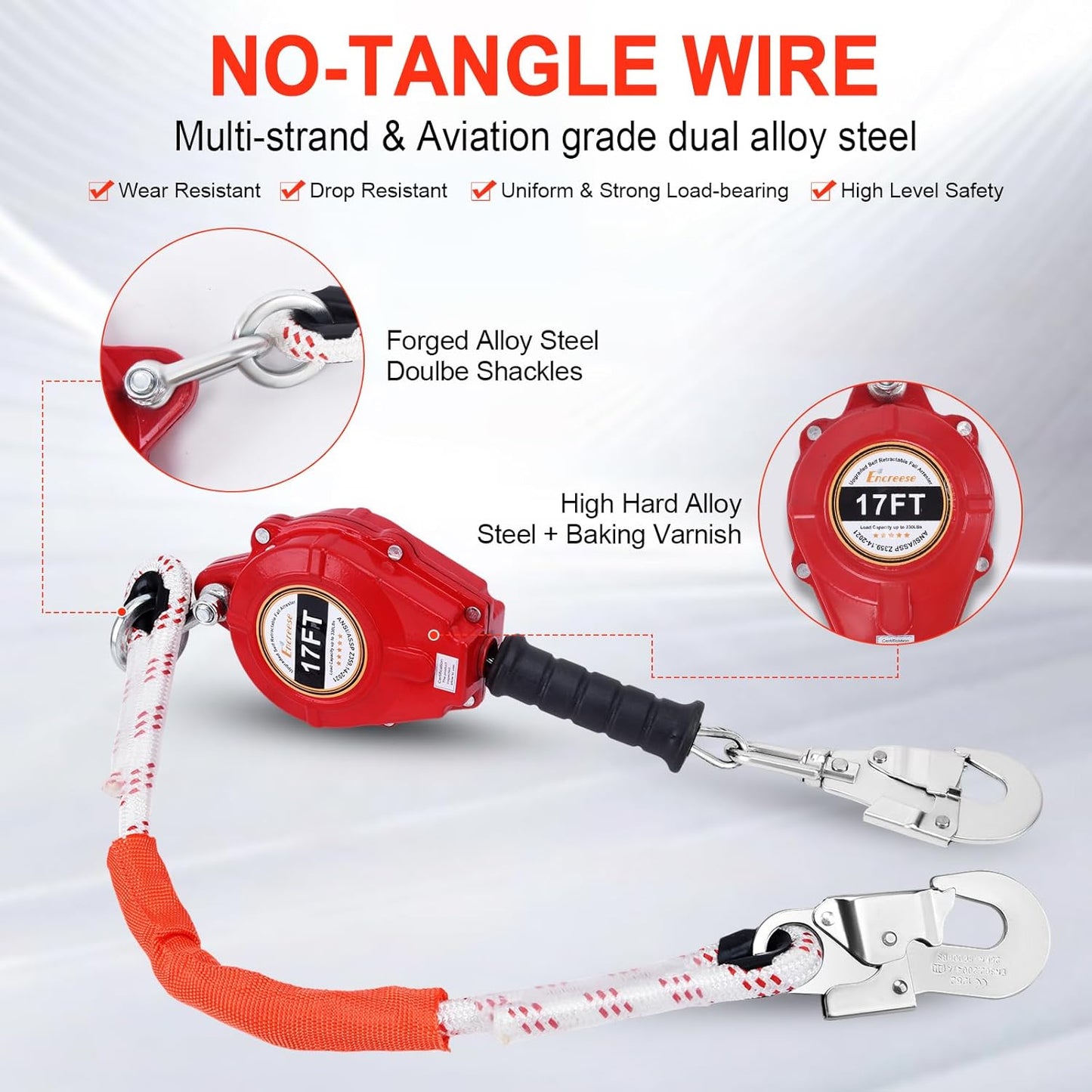 Self Retractable Fall Arrester 17FT UPGRADED Double Locking Falling Protector Gear
