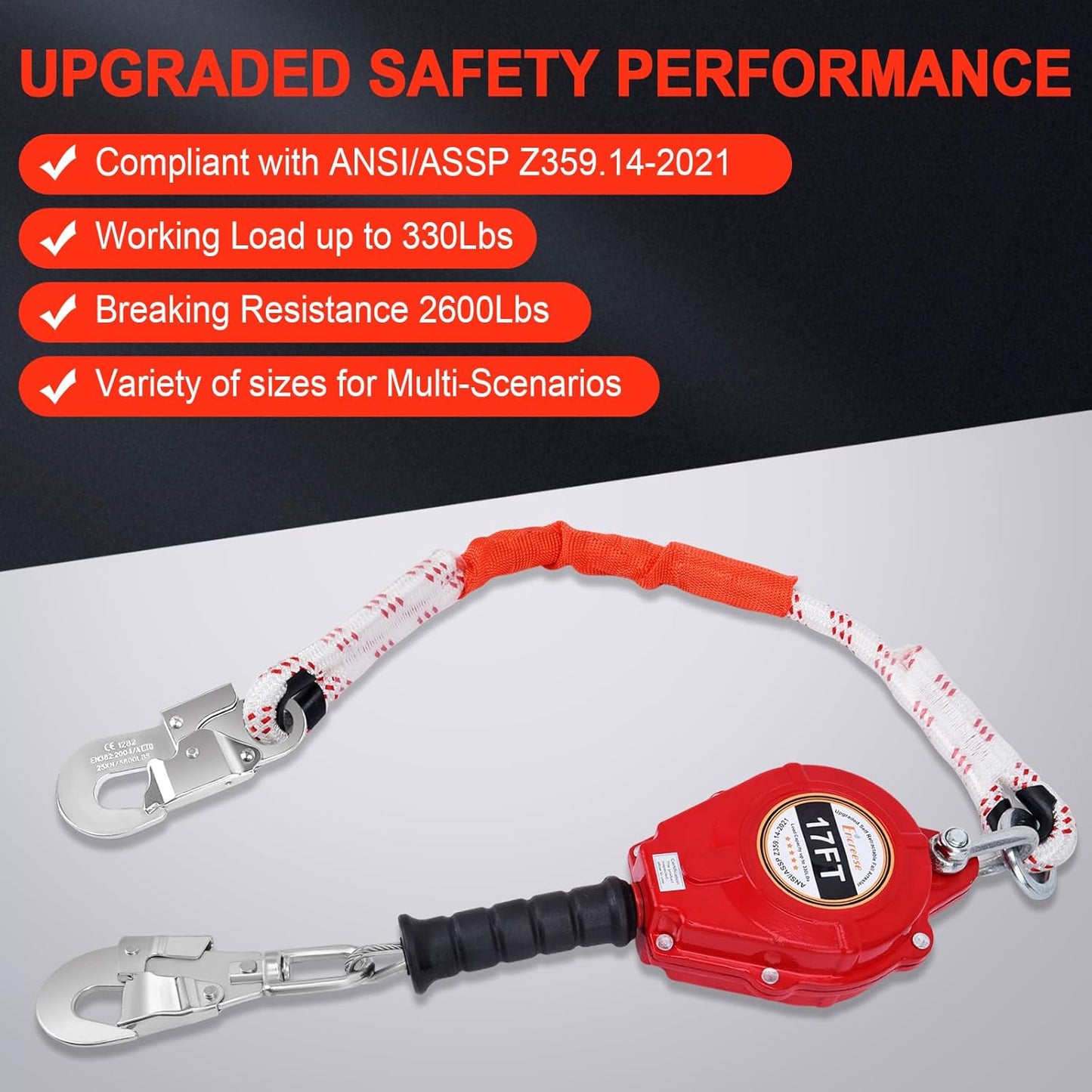 Self Retractable Fall Arrester 17FT UPGRADED Double Locking Falling Protector Gear