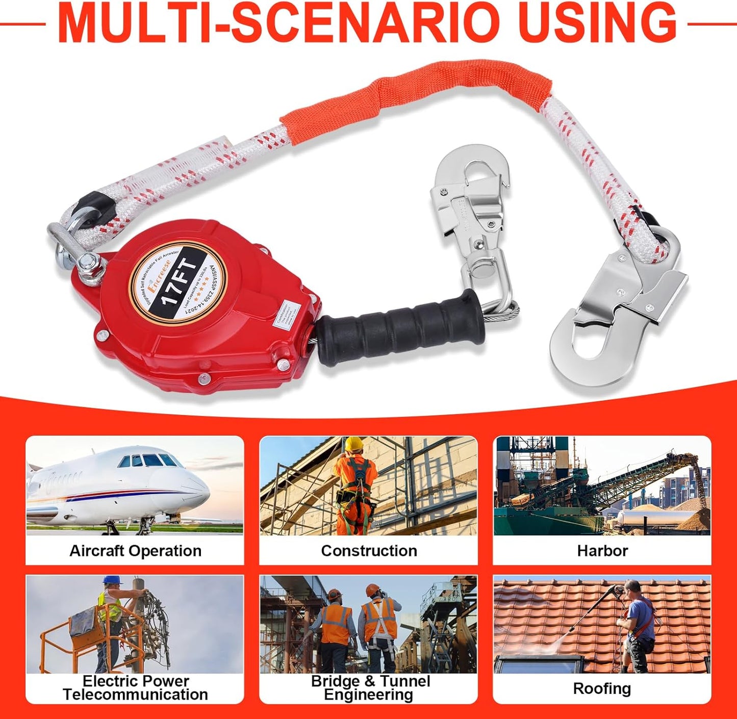 Self Retractable Fall Arrester 17FT UPGRADED Double Locking Falling Protector Gear