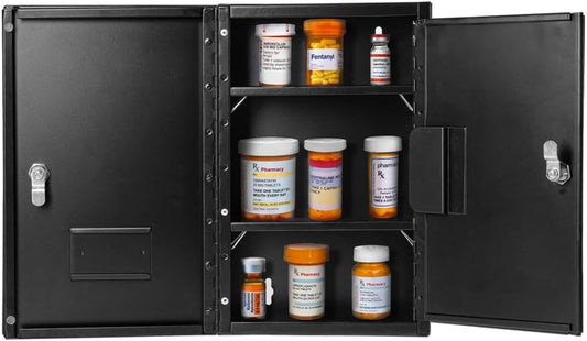 Large Black Double Door Narcotics Cabinet, Locking Medicine Cabinet, 24' H x 16' W x 8' D