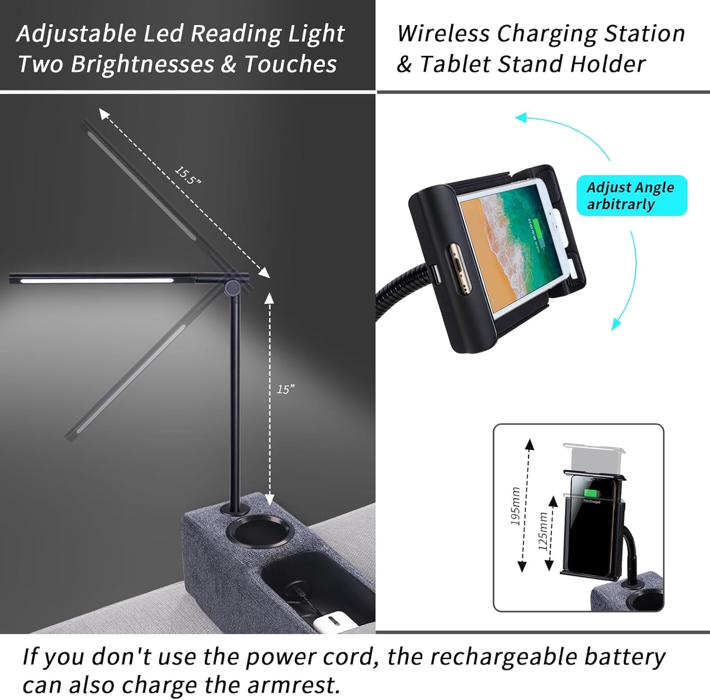 Multifunctional Sofa Armrest Couch Caddy Wireless Charging Stand, Phone Holder, Removable Organizer, Navy