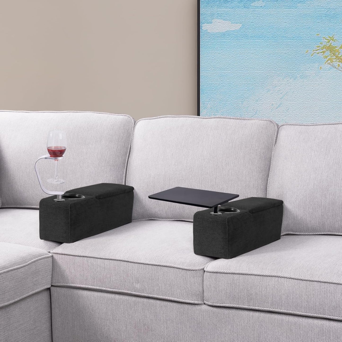 Multifunctional Sofa Armrest Couch Caddy Wireless Charging Stand with Phone Holder, Removable Organizer, Midnight