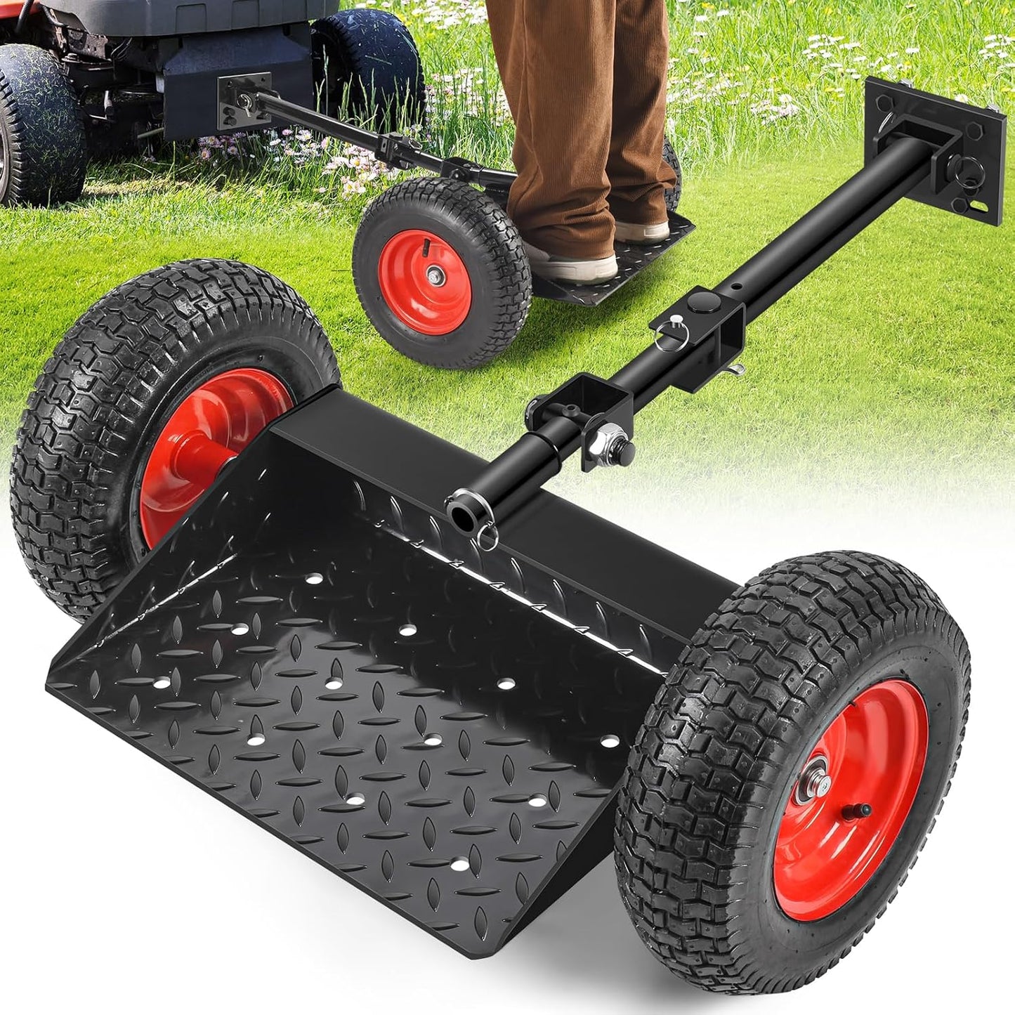 Adjustable Walk Behind Mower Sulky, Lawn Trailer with 13' Tires for Mower Sulky, Easy Forward/Reverse