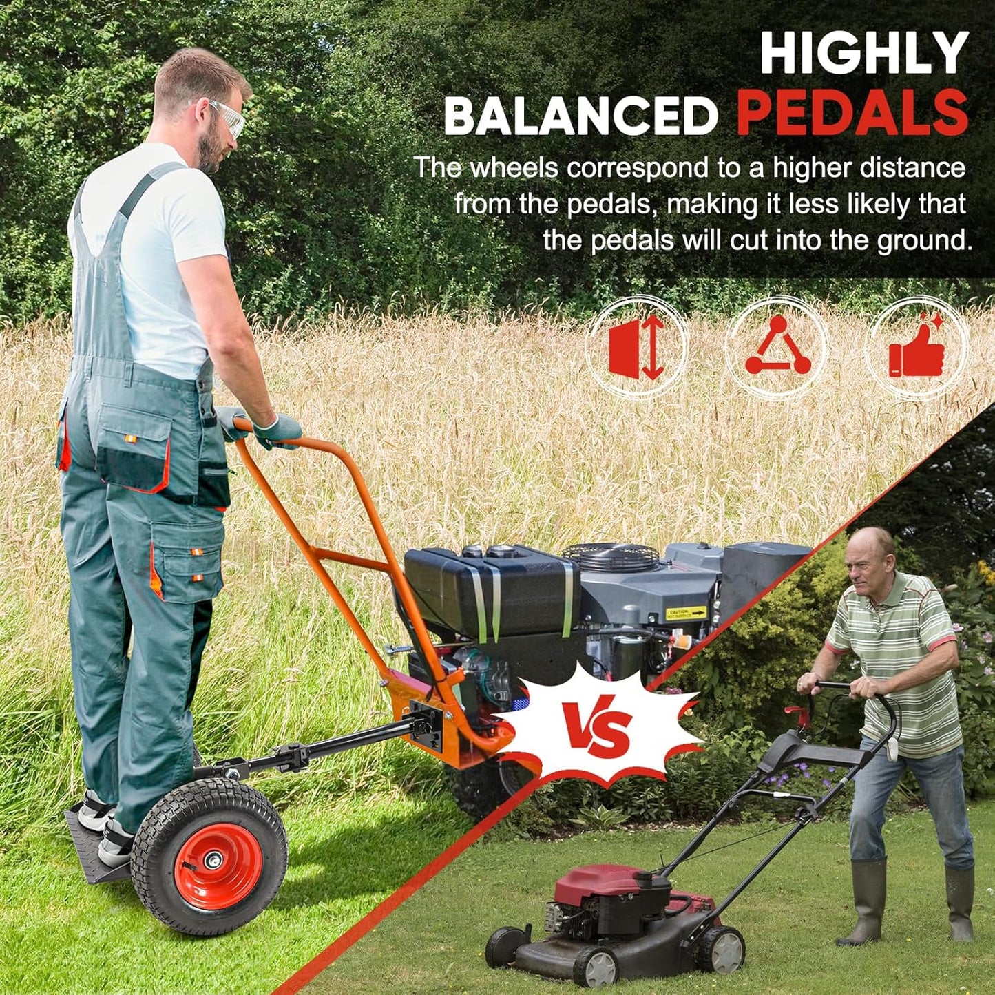 Adjustable Walk Behind Mower Sulky, Lawn Trailer with 13' Tires for Mower Sulky, Easy Forward/Reverse