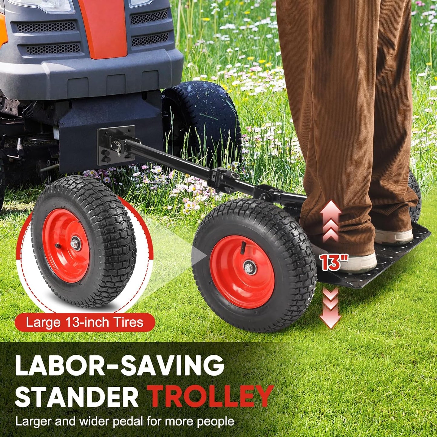 Adjustable Walk Behind Mower Sulky, Lawn Trailer with 13' Tires for Mower Sulky, Easy Forward/Reverse