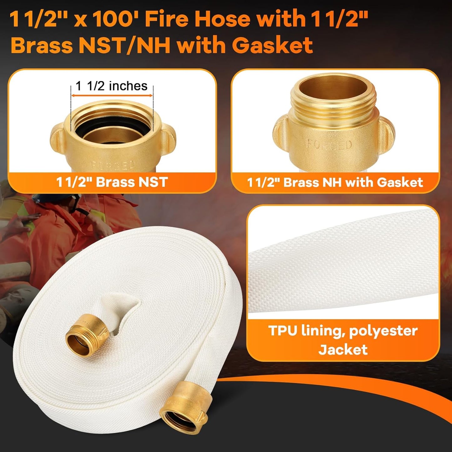 Fire Hose, 1 1/2', 100ft 'FiRe FiGhTiNg' Hose, Brass NST/NH Couplings, (Do not attempt to use for fire fighting)