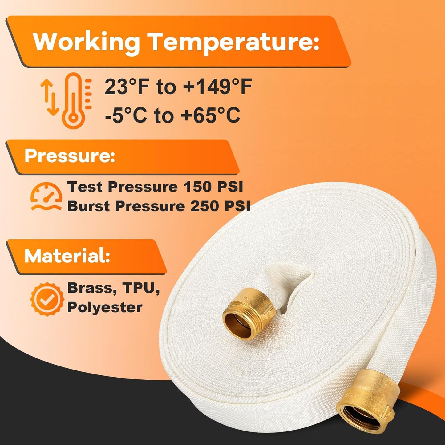 Fire Hose, 1 1/2', 100ft 'FiRe FiGhTiNg' Hose, Brass NST/NH Couplings, (Do not attempt to use for fire fighting)