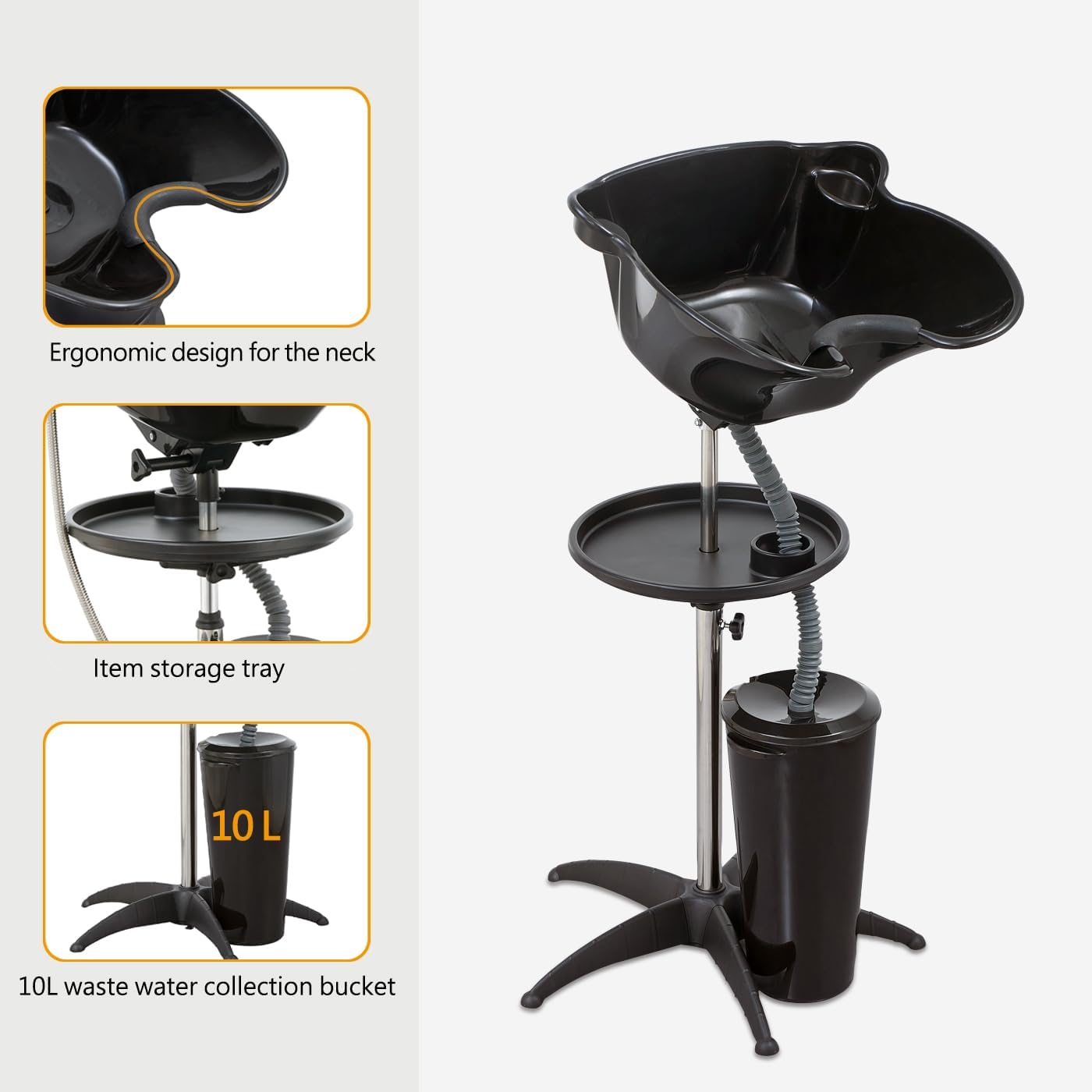 Portable Shampoo Bowl with Electric Pump, Adjustable Basin Height, Dual-Bucket Design with Drain Hoses