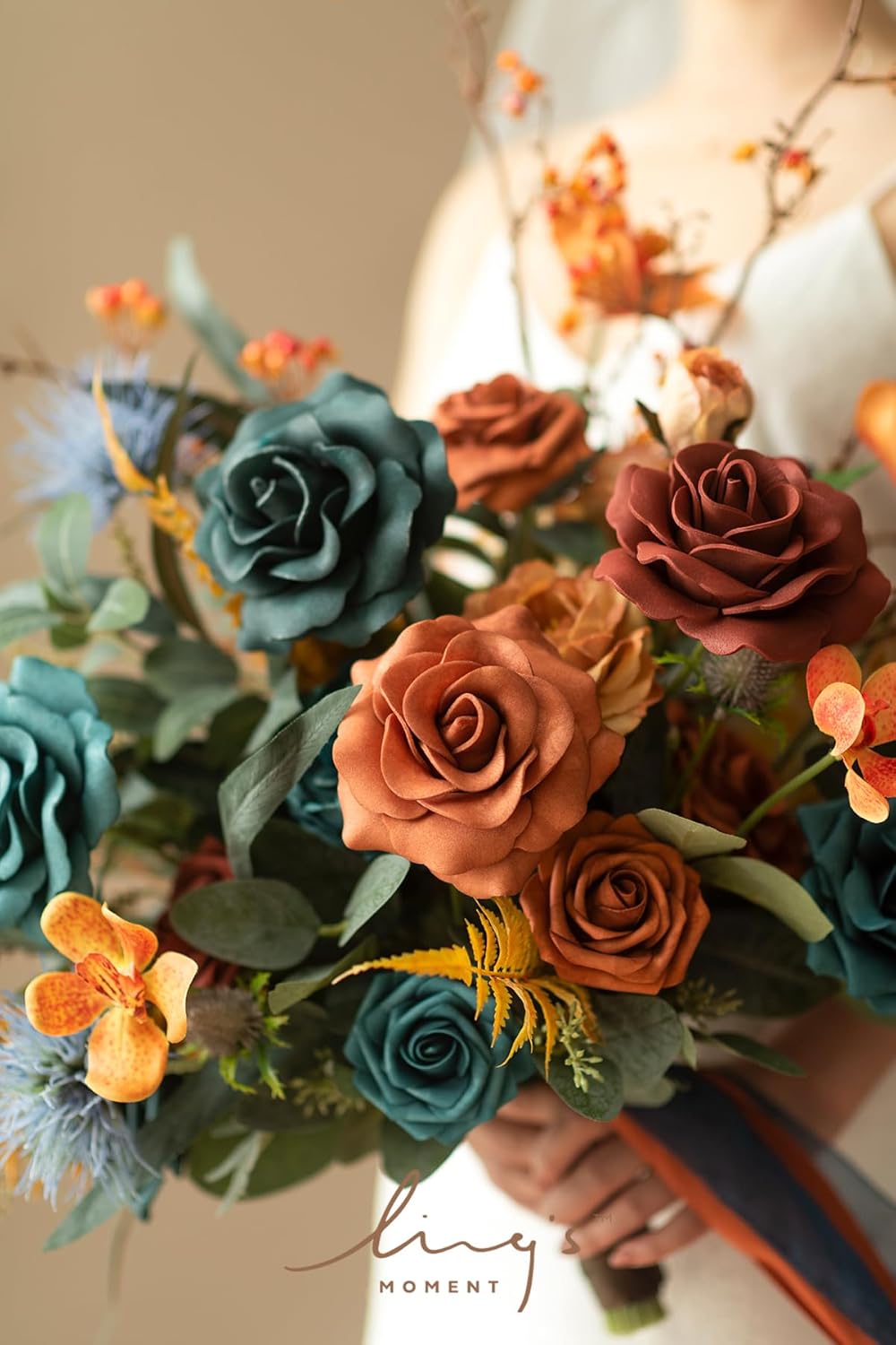 Ling's Moment Teal Bridal Bouquet, Burnt Orange Wedding Bouquets for Bride, 15 Inch Silk, Free Form Bridal Bouquets