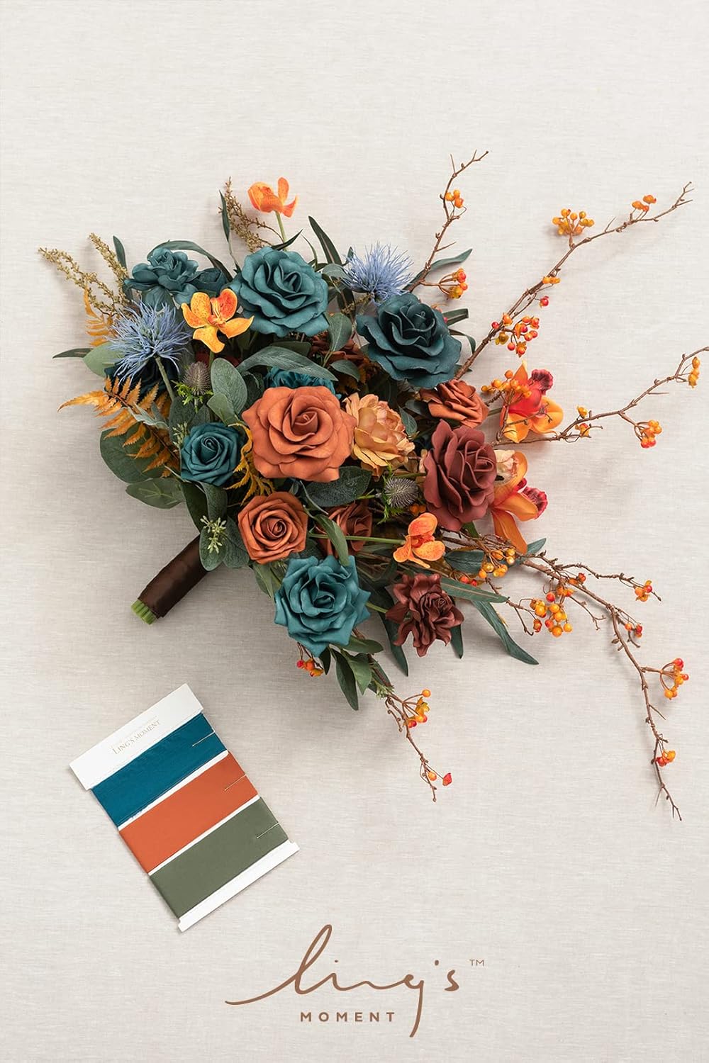 Ling's Moment Teal Bridal Bouquet, Burnt Orange Wedding Bouquets for Bride, 15 Inch Silk, Free Form Bridal Bouquets