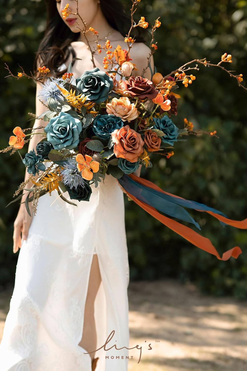 Ling's Moment Teal Bridal Bouquet, Burnt Orange Wedding Bouquets for Bride, 15 Inch Silk, Free Form Bridal Bouquets