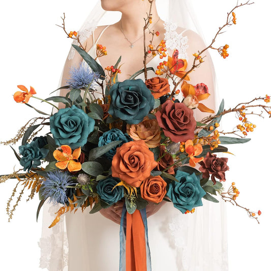 Ling's Moment Teal Bridal Bouquet, Burnt Orange Wedding Bouquets for Bride, 15 Inch Silk, Free Form Bridal Bouquets