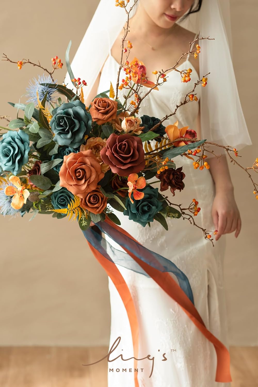 Ling's Moment Teal Bridal Bouquet, Burnt Orange Wedding Bouquets for Bride, 15 Inch Silk, Free Form Bridal Bouquets