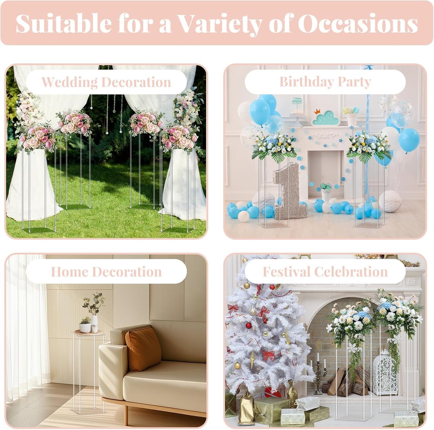 10pcs Acrylic Flower Stand Column 24 Inch Tall Vases for Centerpieces, Clear Elegant Floral Display Holder