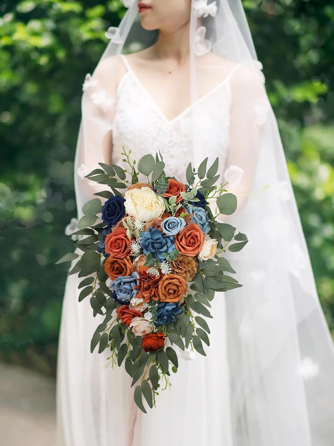 Fall Cascading Wedding Bouquets for Bride, Terracotta Navy Blue, Cascade Boho Burnt Orange
