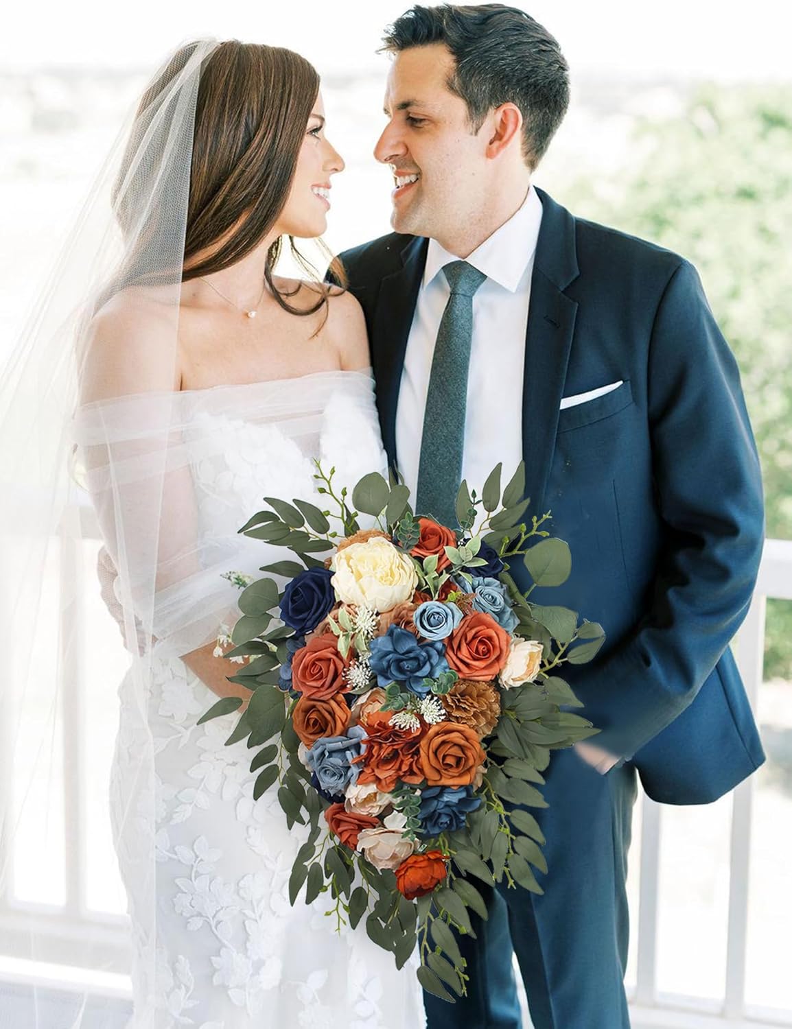 Fall Cascading Wedding Bouquets for Bride, Terracotta Navy Blue, Cascade Boho Burnt Orange
