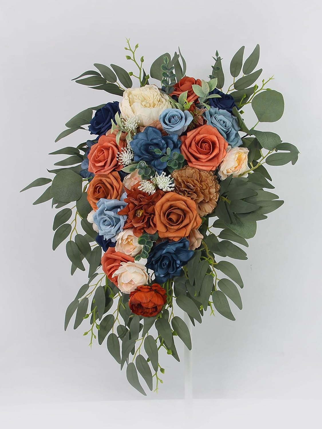 Fall Cascading Wedding Bouquets for Bride, Terracotta Navy Blue, Cascade Boho Burnt Orange