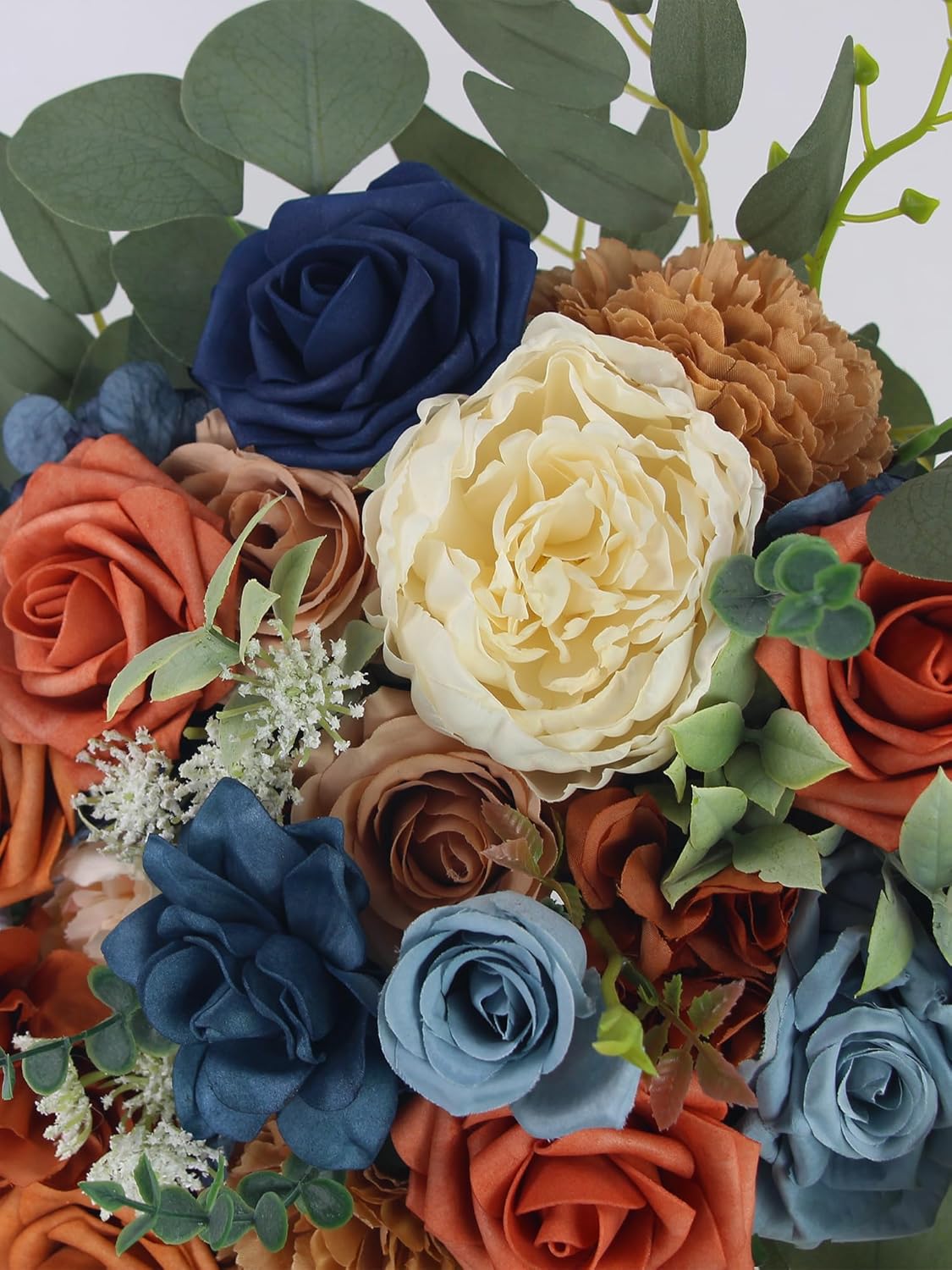 Fall Cascading Wedding Bouquets for Bride, Terracotta Navy Blue, Cascade Boho Burnt Orange