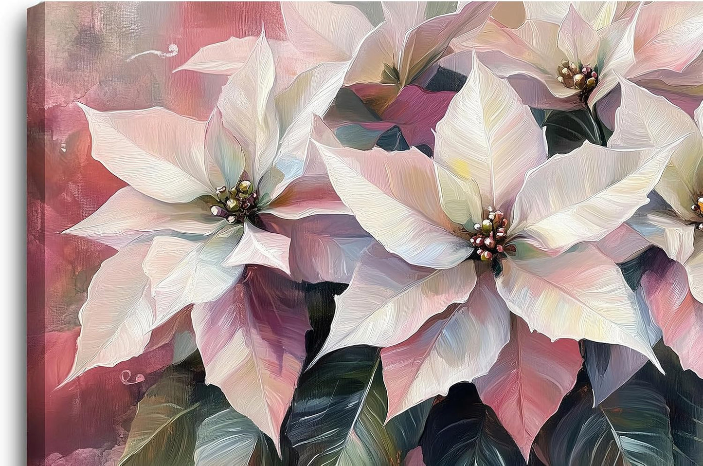 Vintage Framed Wall Art 60x30 Inch - White Poinsettia, Holiday Floral Decor