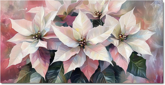 Vintage Framed Wall Art 60x30 Inch - White Poinsettia, Holiday Floral Decor