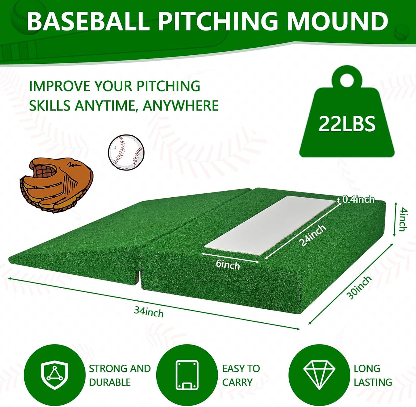 Pitching Mound, Foldable Pitchers Mound 34' x 30' x 4' with Pitching Rubber, Anti-Fade