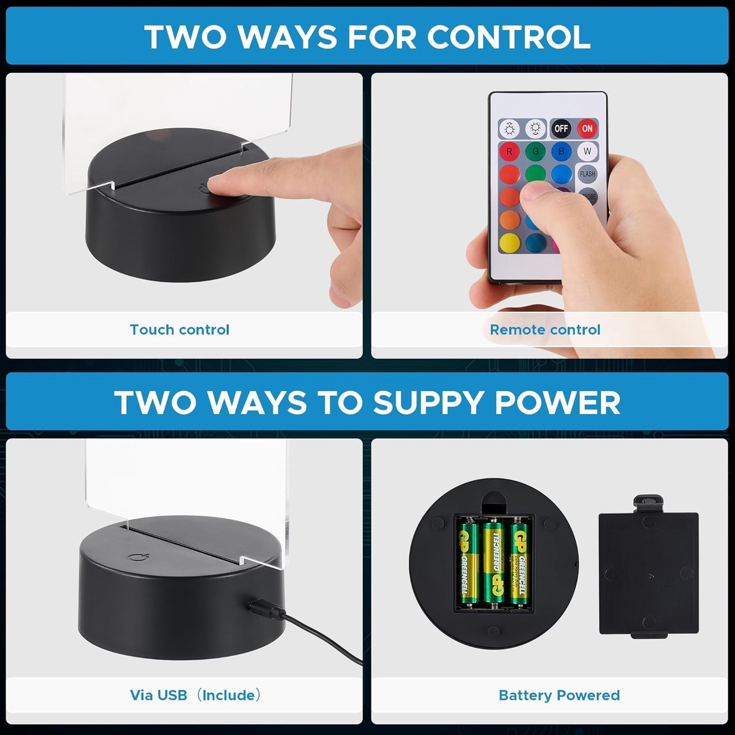 12 Sets LED Light Base with Acrylic Blank Sheets, 16 Colors,4 Modes, LED Night Light Set