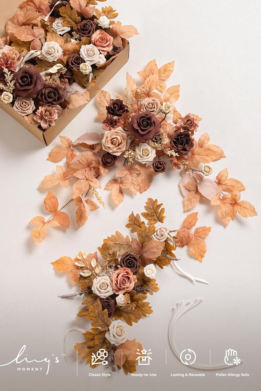 Ling's Moment Fall Wedding Arch Artificial Flowers Ceremony, 4 Swags of Rose Arbor Decorations, Rust/Sepia