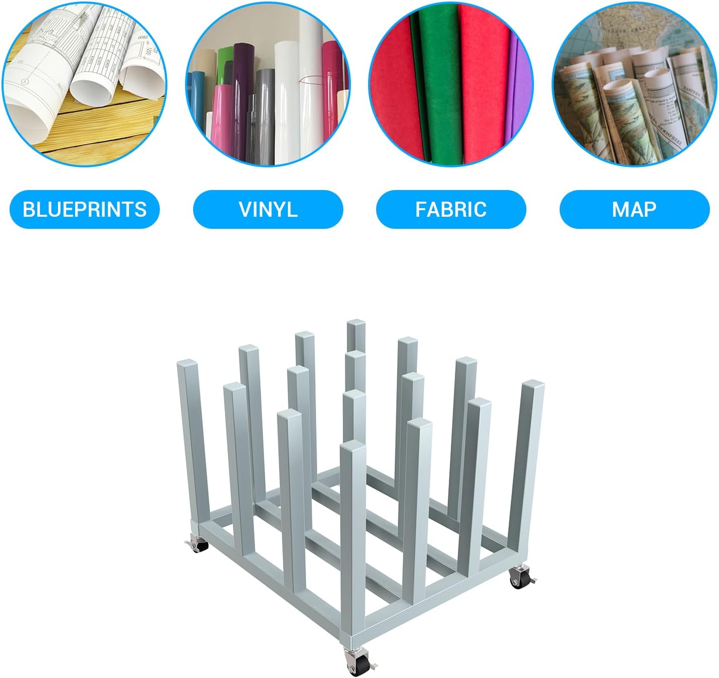 16-Roll Vinyl Storage Rack Cart, Heavy Duty Mobile Organizer for Media Rolls with 4 Lockable Wheels