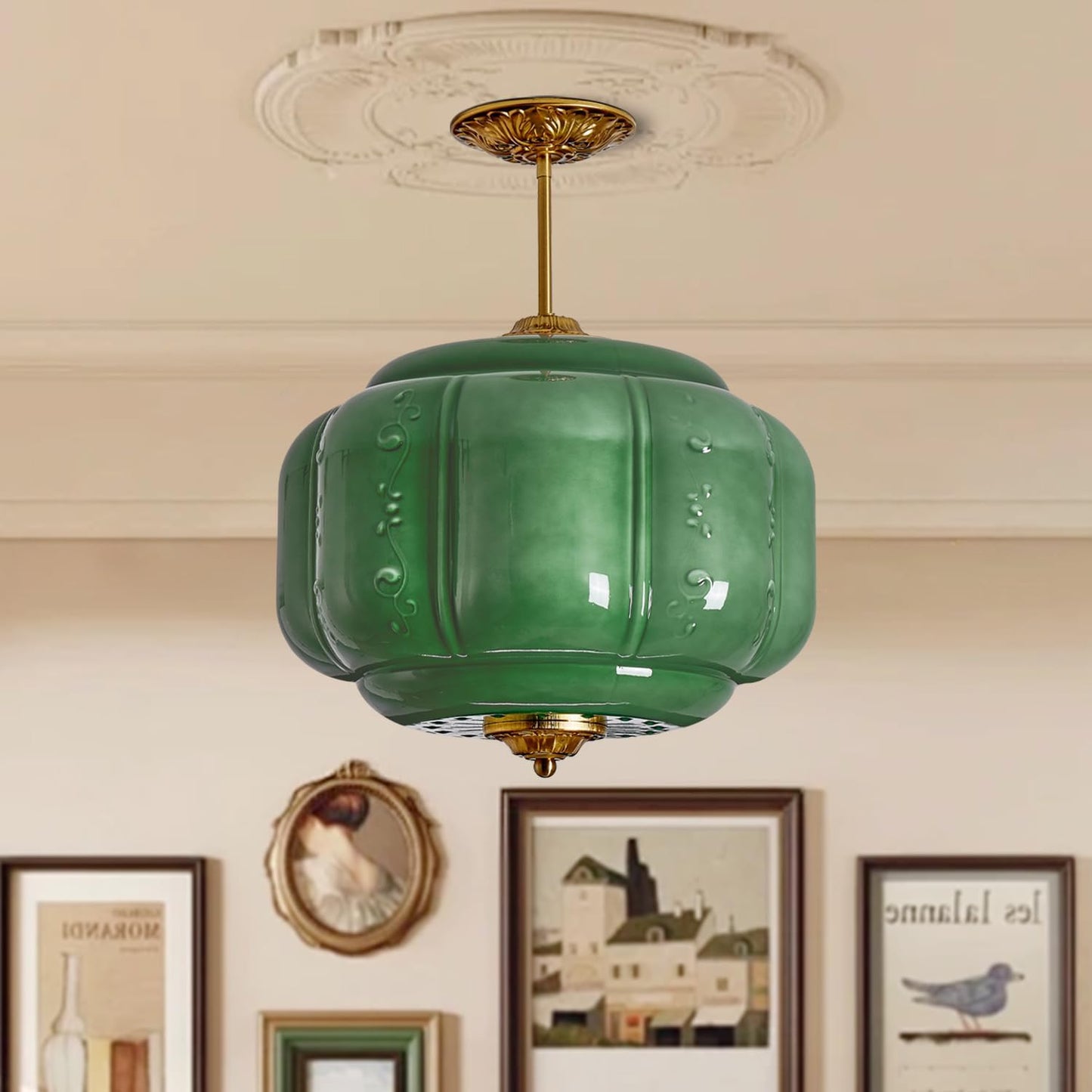 Green Milk Glass Ceiling Light Fixture, 13.8' Vintage Pumpkin Pendant Light with Unique Flower Lines
