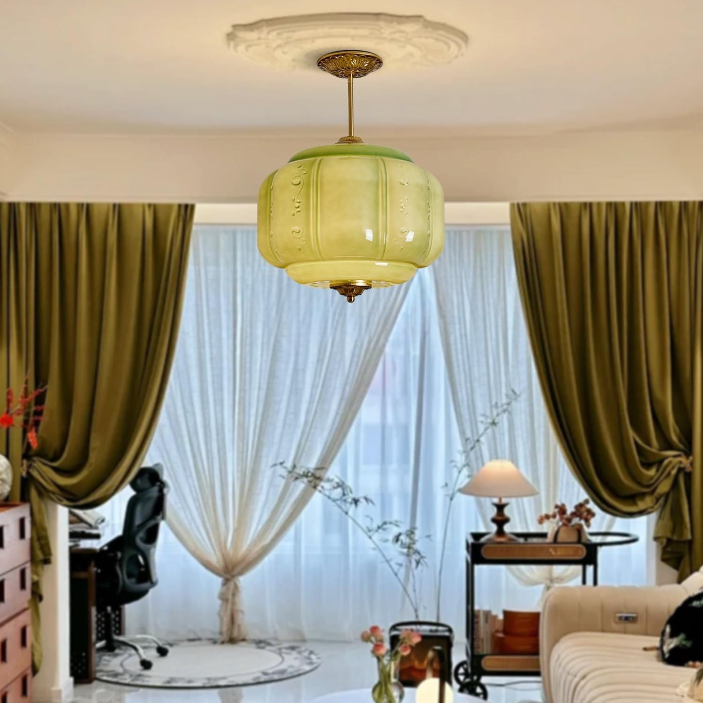 Green Milk Glass Ceiling Light Fixture, 13.8' Vintage Pumpkin Pendant Light with Unique Flower Lines