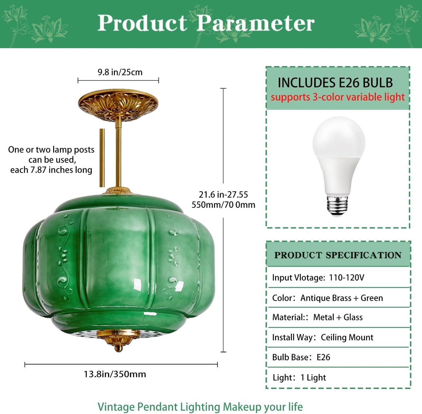 Green Milk Glass Ceiling Light Fixture, 13.8' Vintage Pumpkin Pendant Light with Unique Flower Lines