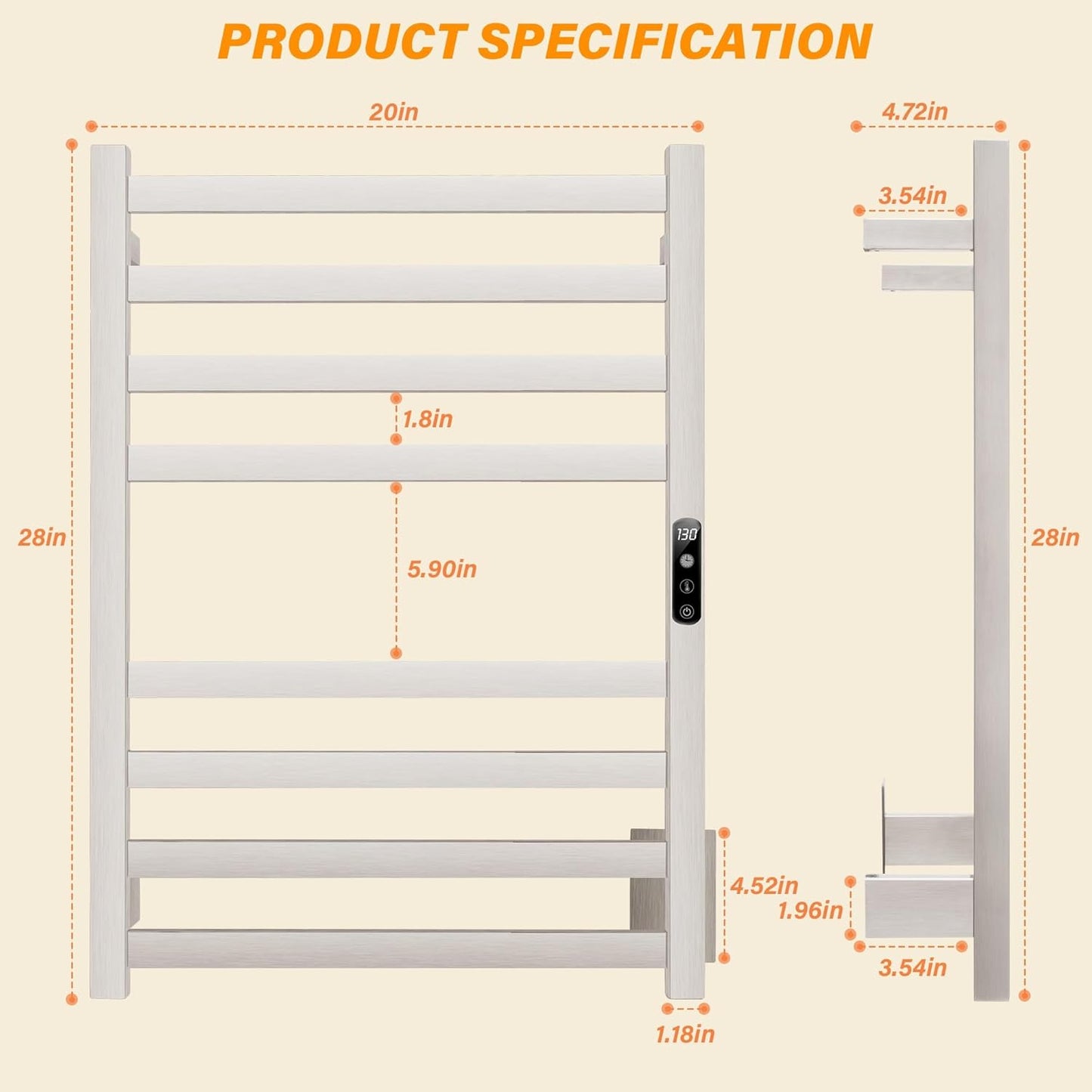 Towel Warmer, Brushed Heated Towel Rack for Bathroom, Wall Mounted with Temperature Control