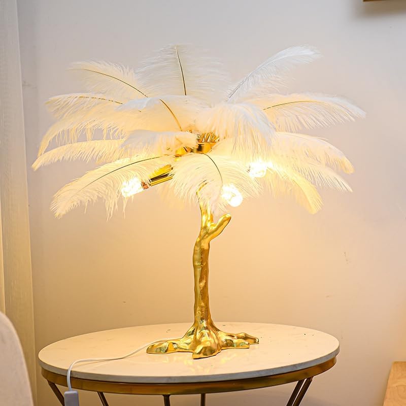 Ostrich Feather Table Lamp with Plug in Wire for Living Room Sofa Bedside Standing Reading Lamp