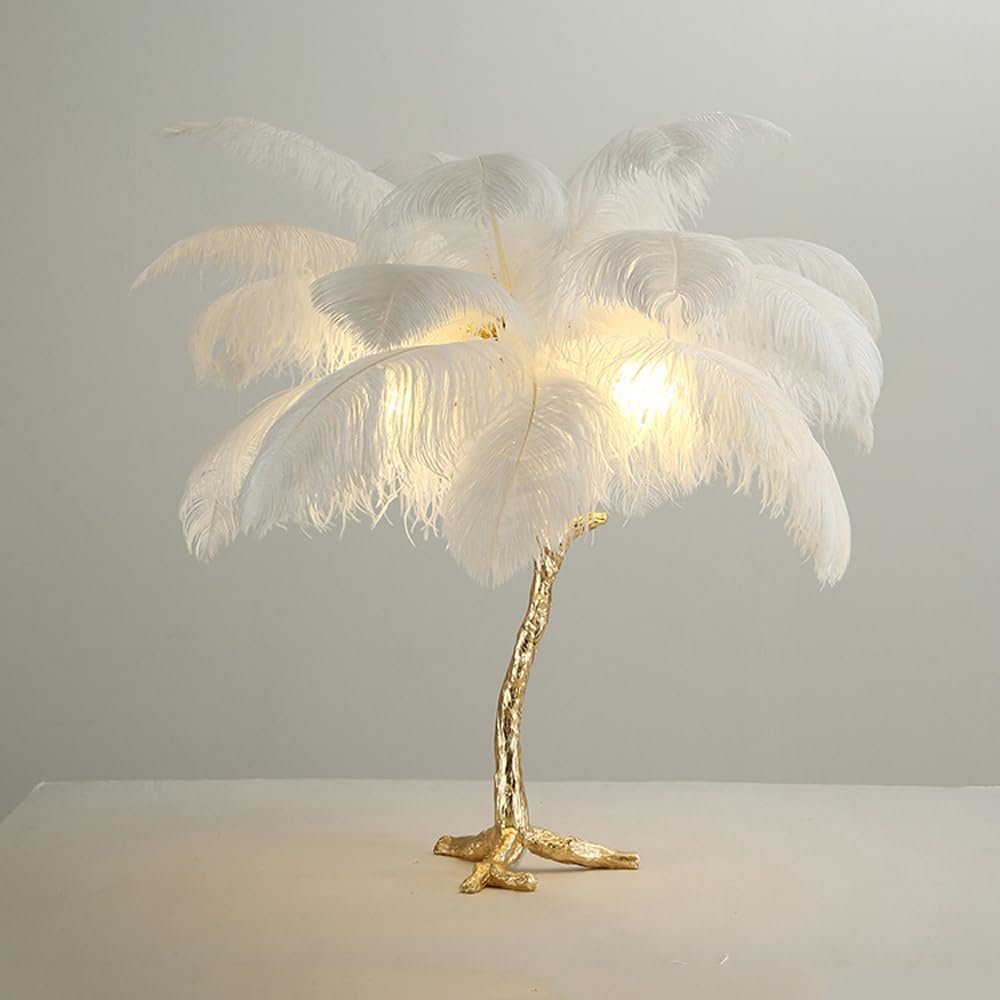 Ostrich Feather Table Lamp with Plug in Wire for Living Room Sofa Bedside Standing Reading Lamp