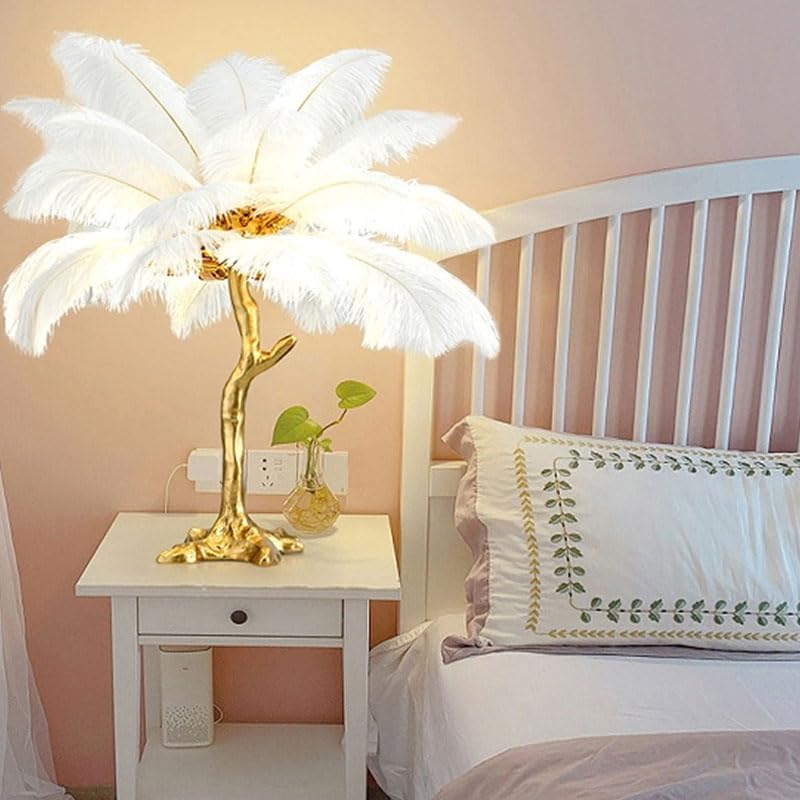 Ostrich Feather Table Lamp with Plug in Wire for Living Room Sofa Bedside Standing Reading Lamp