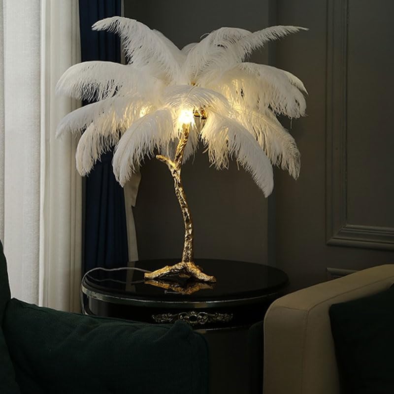 Ostrich Feather Table Lamp with Plug in Wire for Living Room Sofa Bedside Standing Reading Lamp