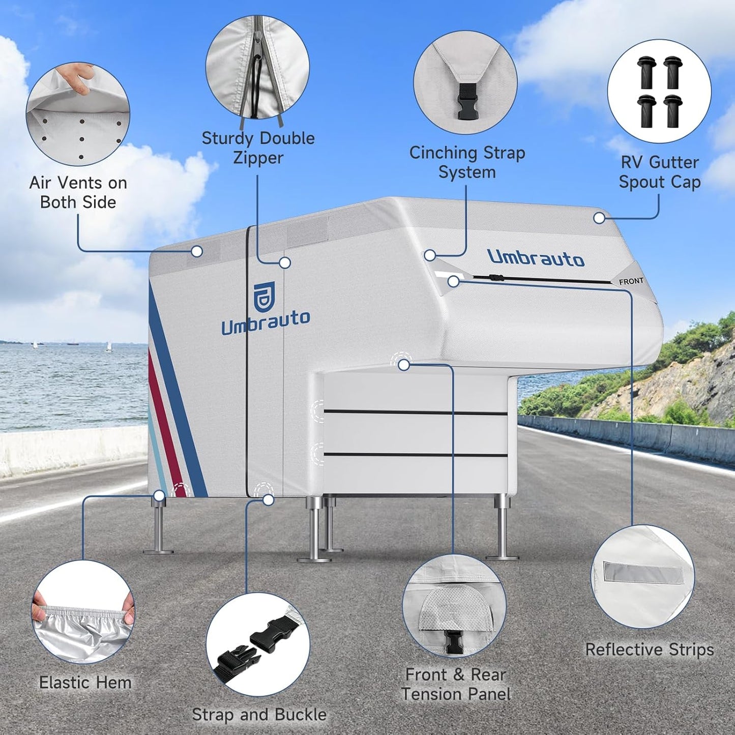 Truck Camper Cover for 6 to 8FT Slide-in Campers, 300D Oxford Waterproof RV Cover, Silver-Coated, All-Weather