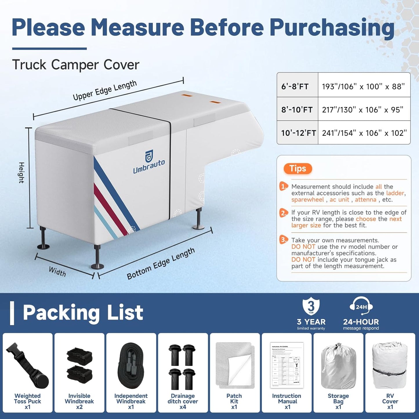 Truck Camper Cover for 6 to 8FT Slide-in Campers, 300D Oxford Waterproof RV Cover, Silver-Coated, All-Weather