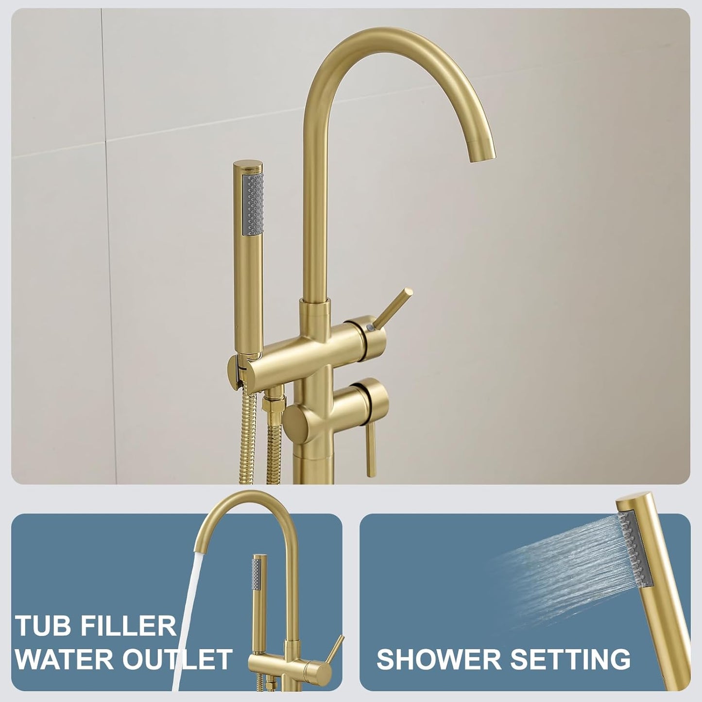 Gold Floor Mount Bathtub Faucet Freestanding Tub Filler Standing High Flow Shower Faucets
