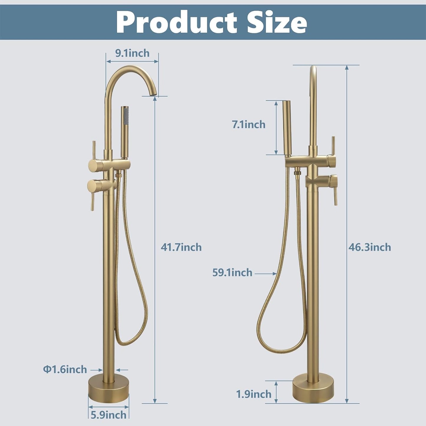 Gold Floor Mount Bathtub Faucet Freestanding Tub Filler Standing High Flow Shower Faucets