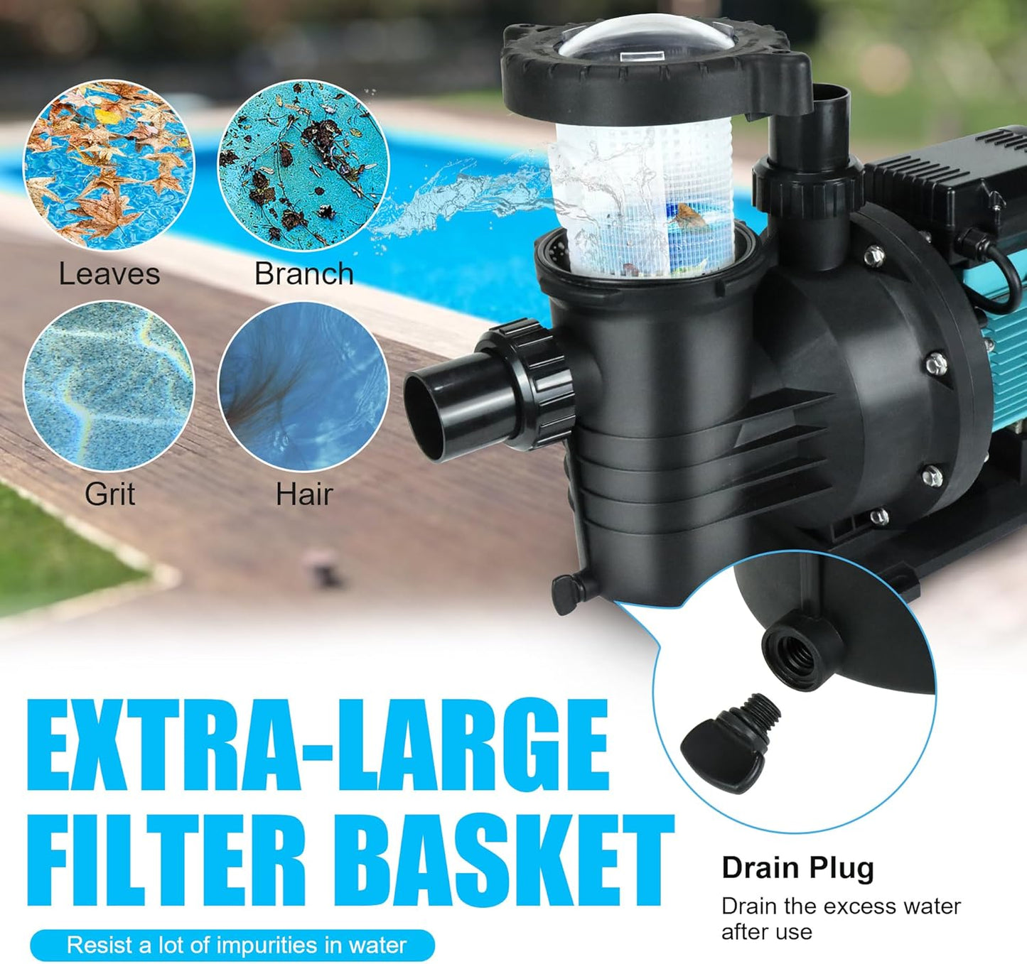 Pool Pump Above and Inground Ground, 2HP, 6980 GPH High Flow Self Priming Swimming Pool Pump, 110V