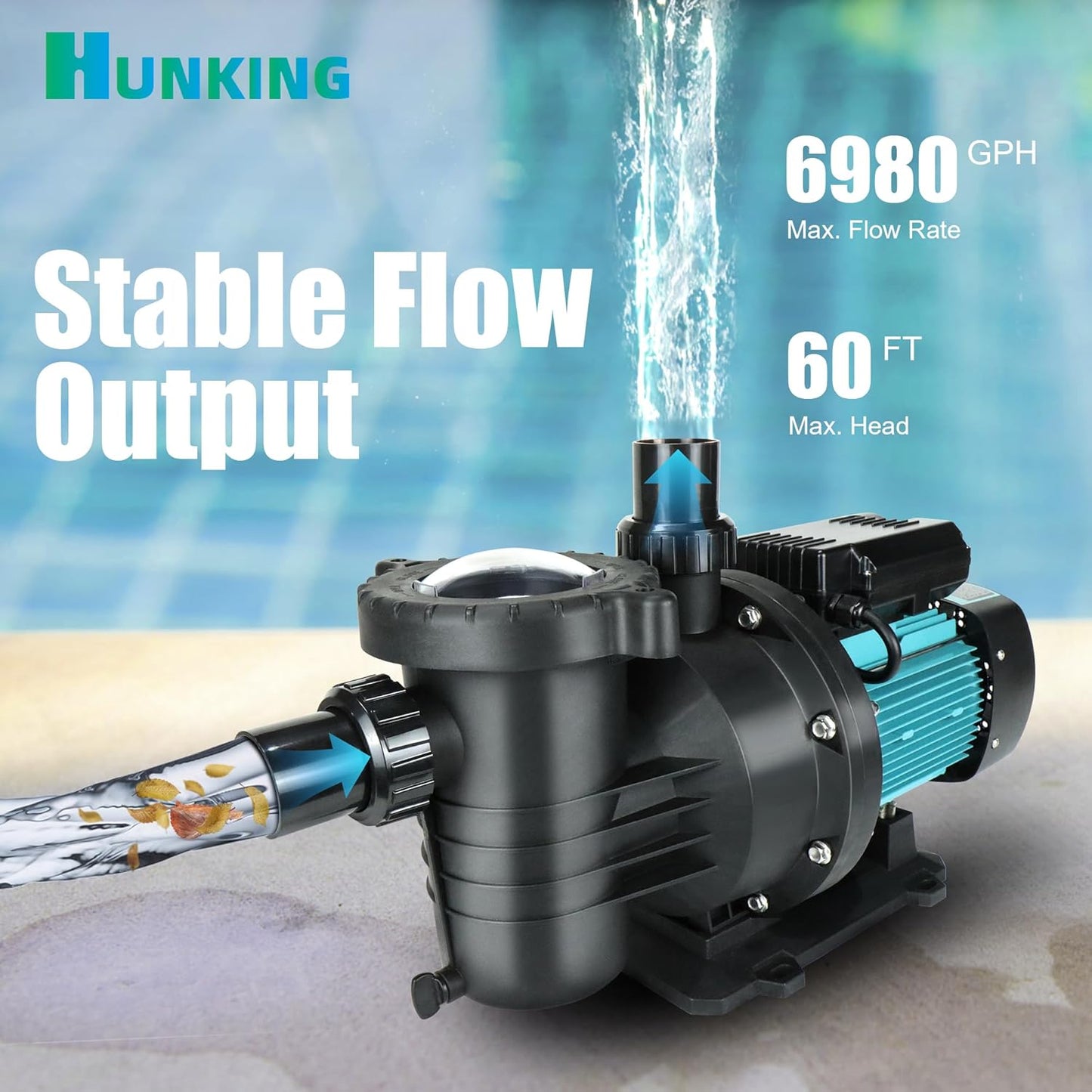 Pool Pump Above and Inground Ground, 2HP, 6980 GPH High Flow Self Priming Swimming Pool Pump, 110V