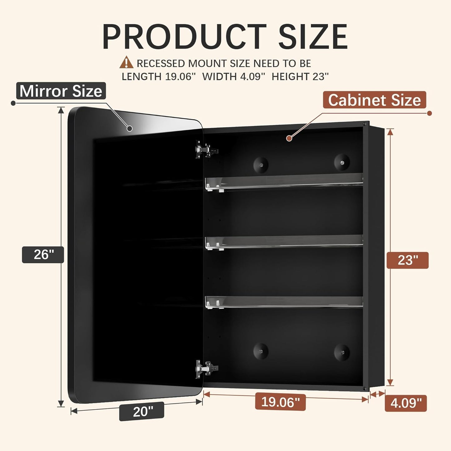 Recessed Medicine Cabinets for Bathroom with Mirror, 20 x 26 inch, Wall Mount, Mirrored Vanity
